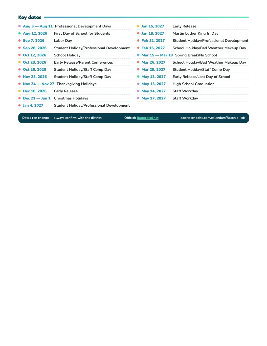 Flatonia ISD Calendar for the Year 26-27 — key dates