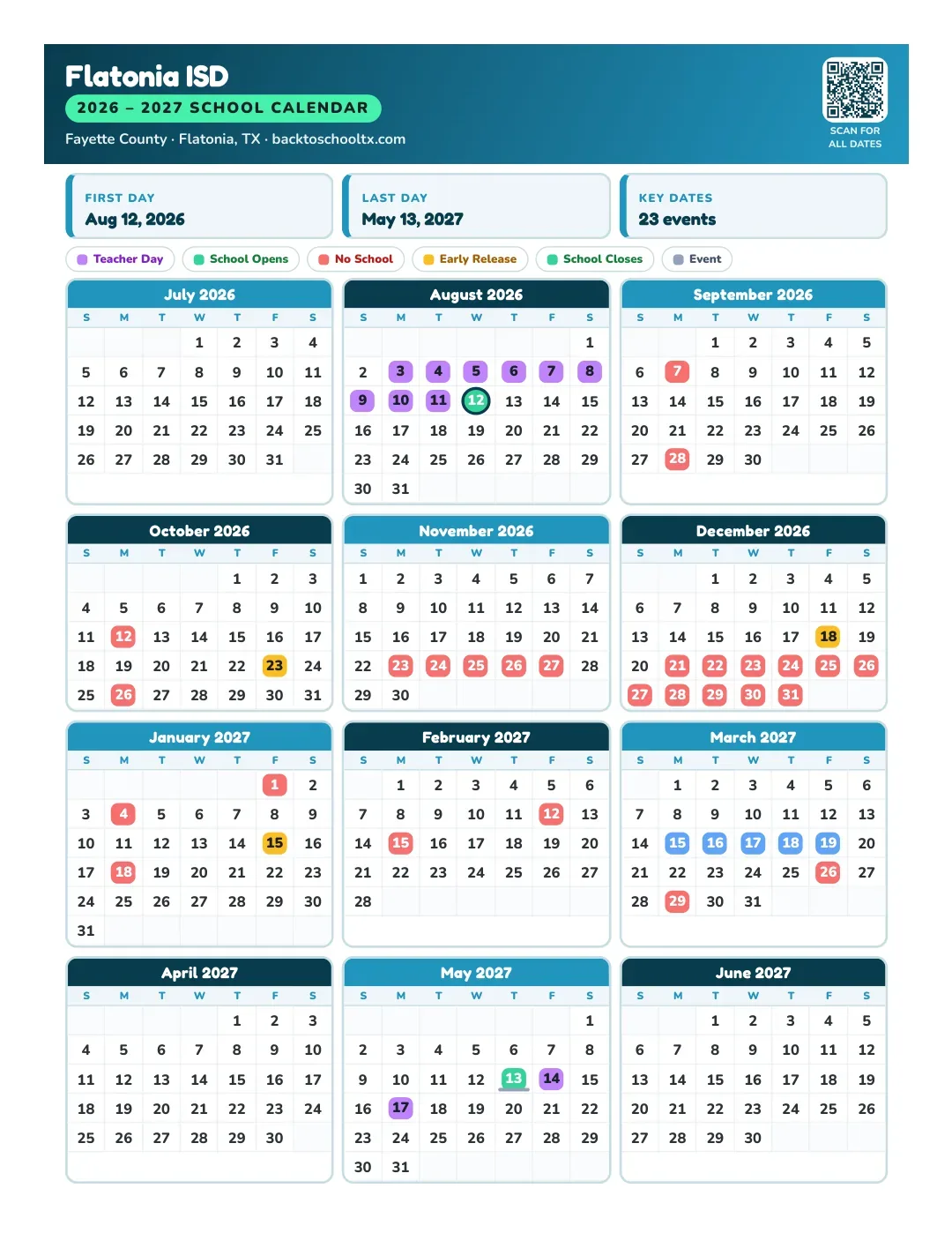 Flatonia ISD Calendar for the Year 26-27
