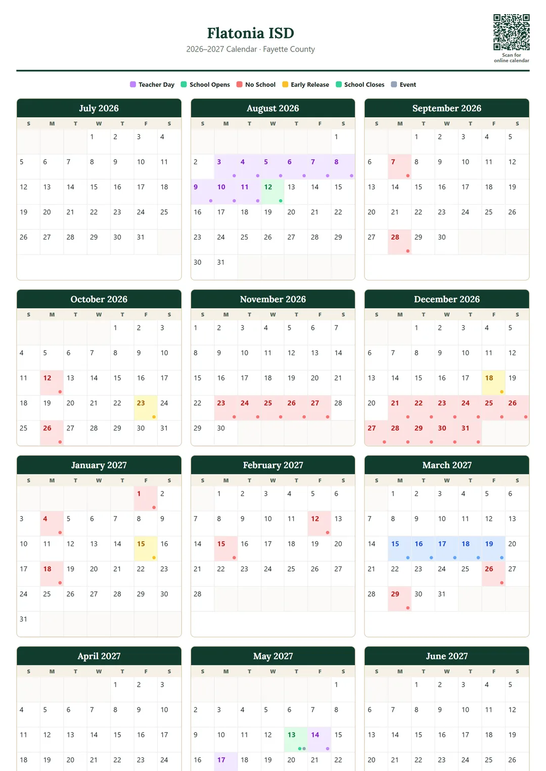 Flatonia ISD printable 2026–2027 calendar