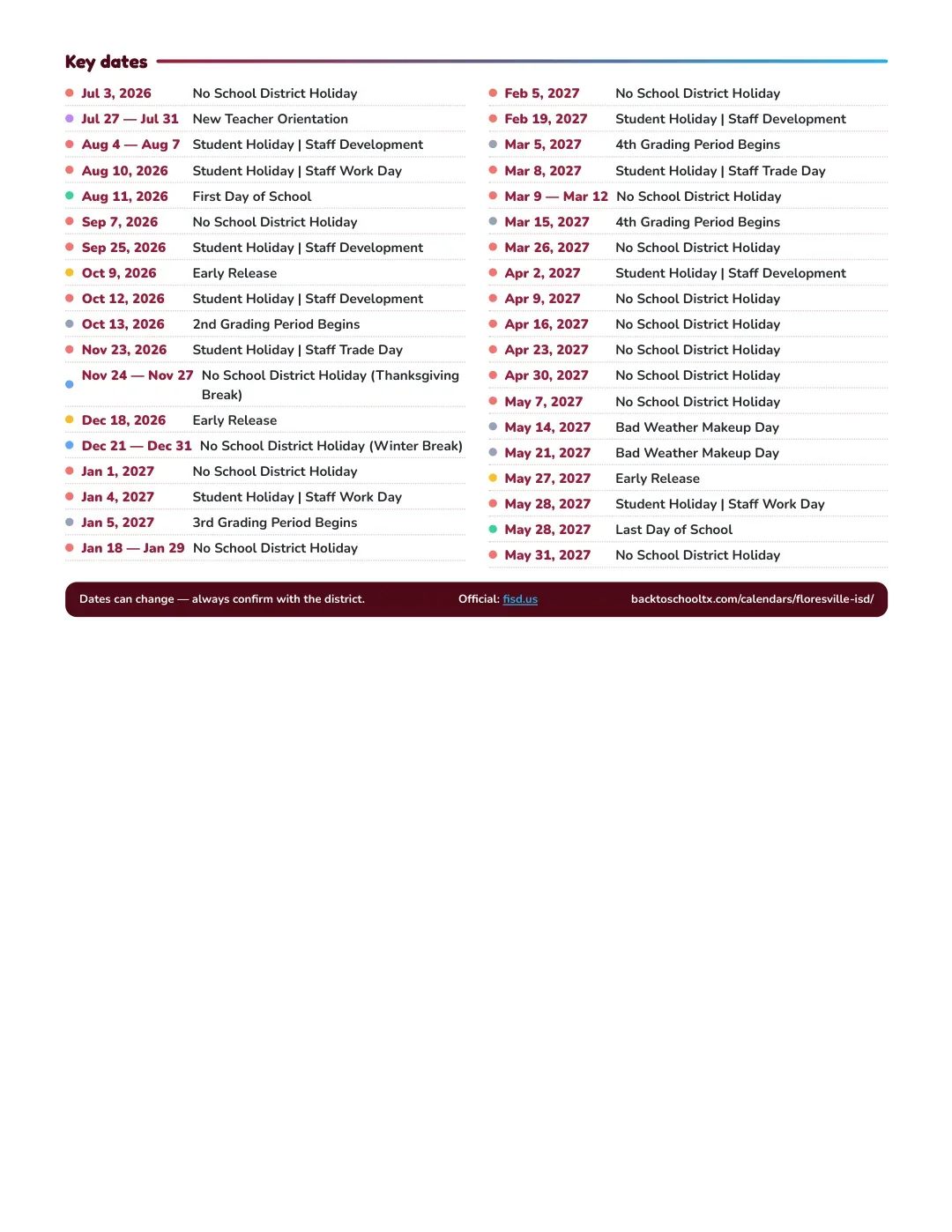 Floresville ISD Calendar for the Year 26-27 — key dates