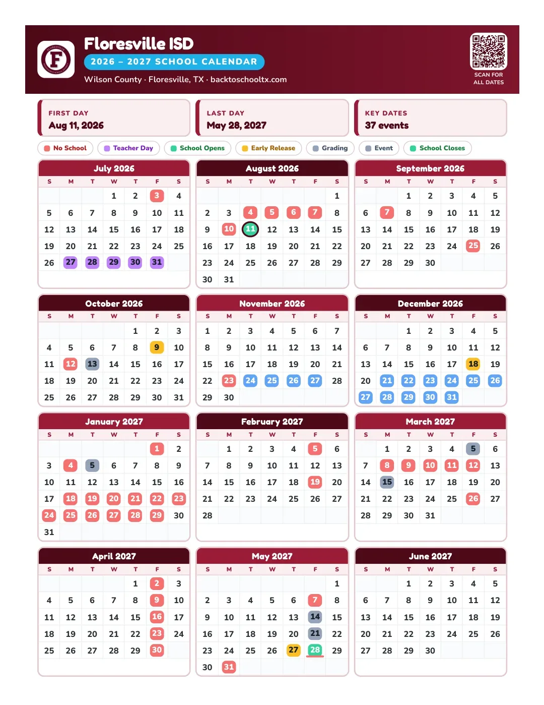 Floresville ISD Calendar for the Year 26-27