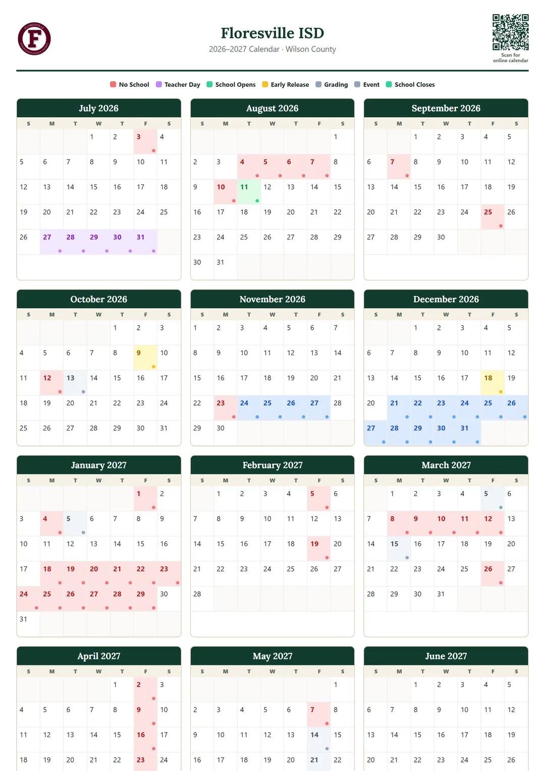 Floresville ISD printable 2026–2027 calendar