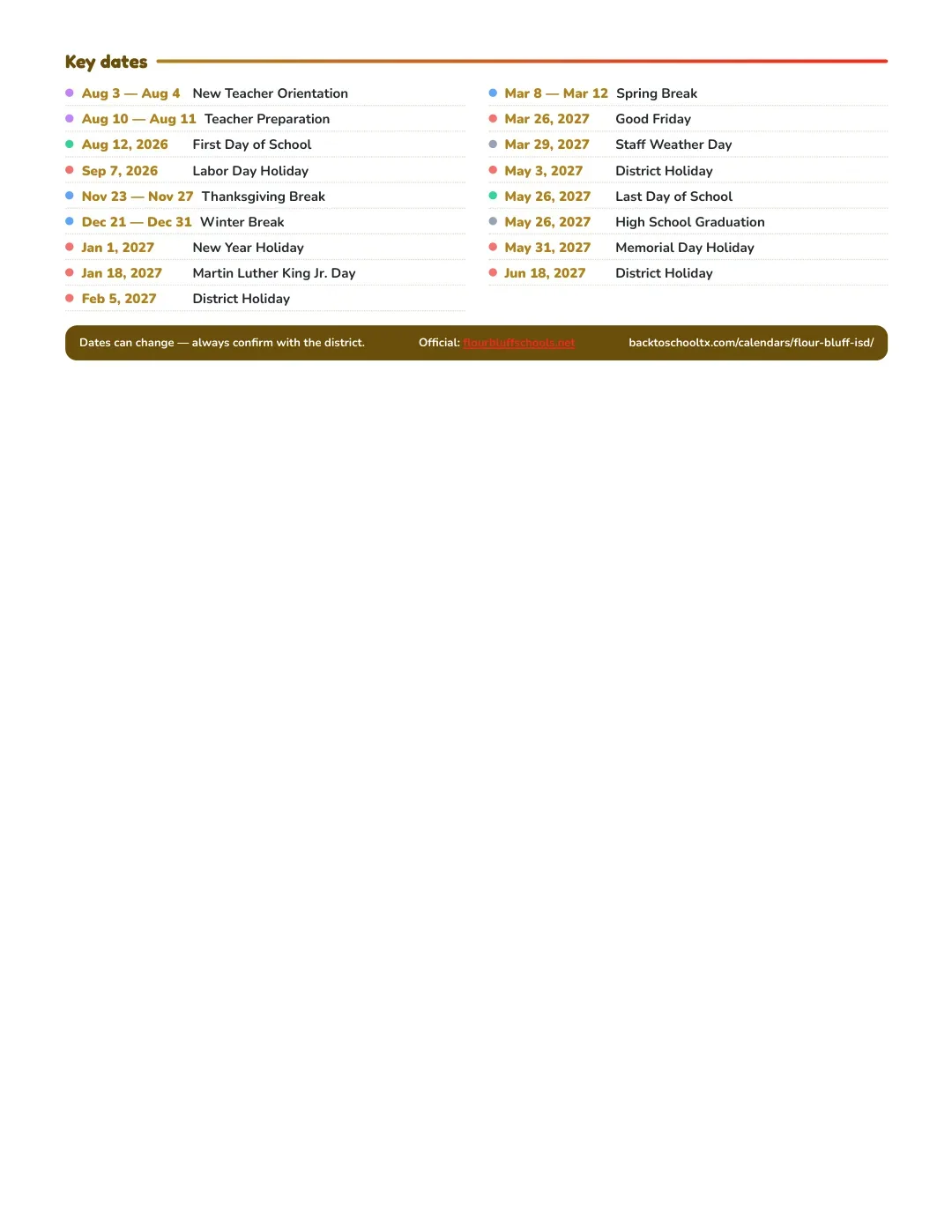 Flour Bluff ISD Calendar for the Year 26-27 — key dates