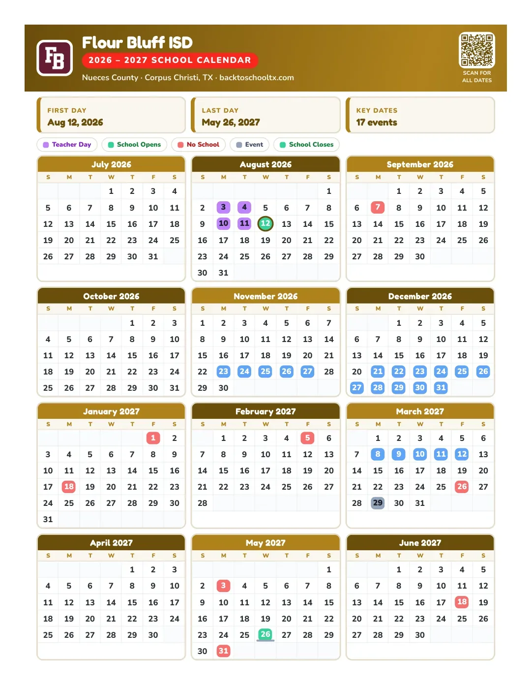 Flour Bluff ISD Calendar for the Year 26-27
