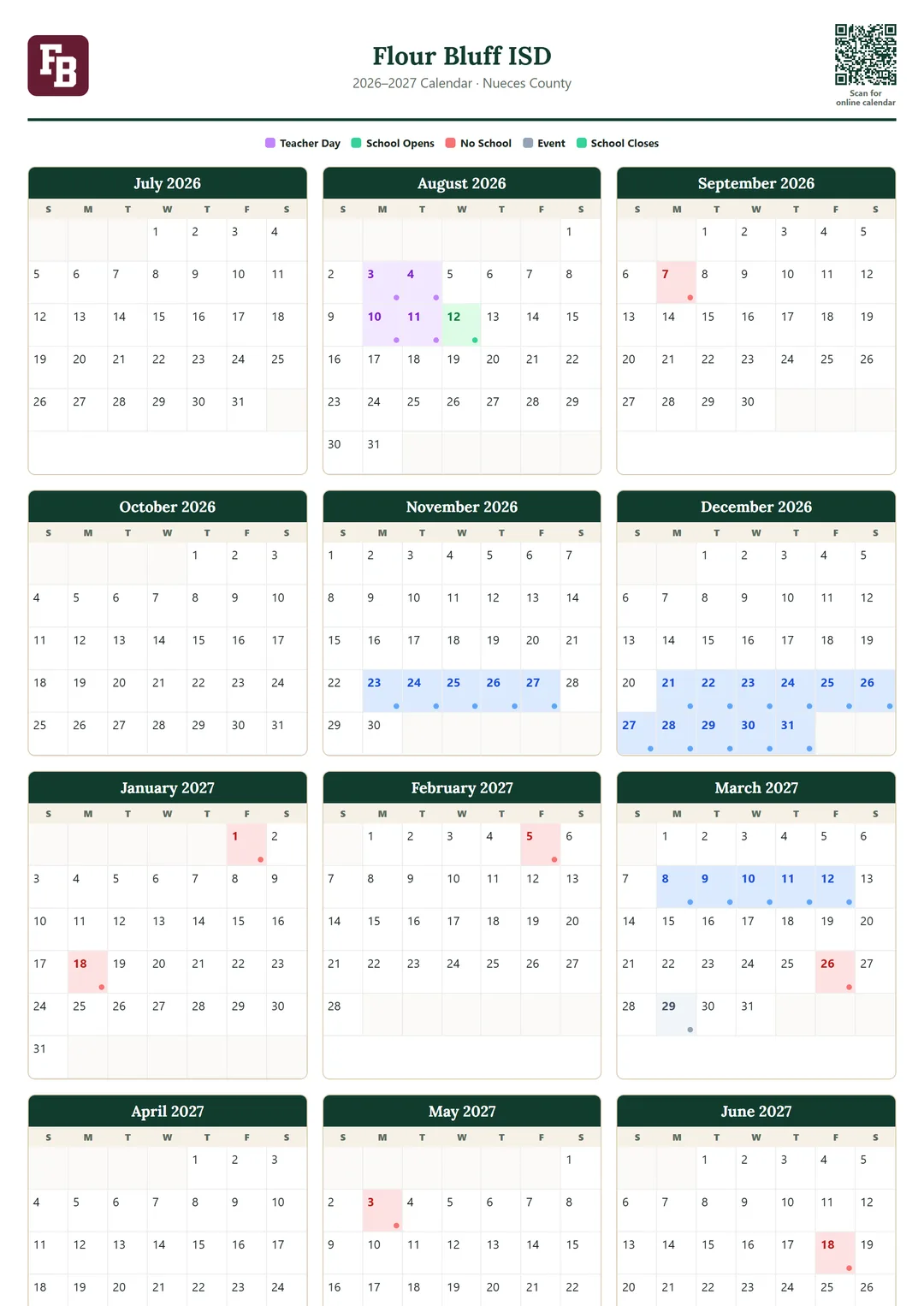 Flour Bluff ISD printable 2026–2027 calendar