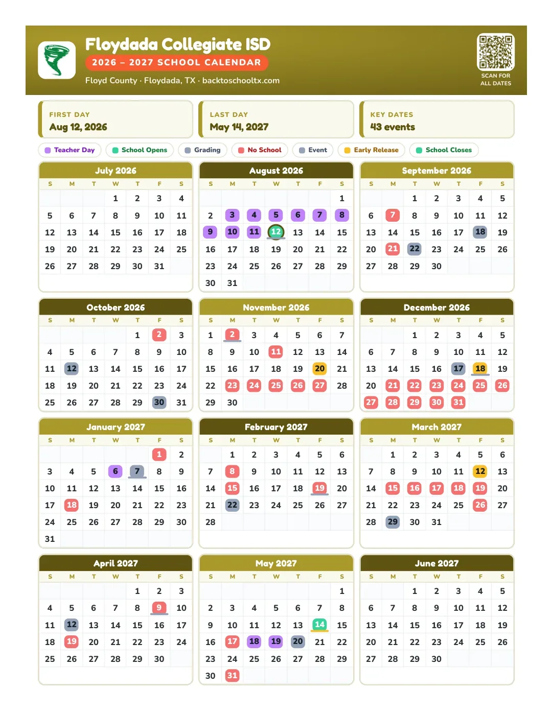 Floydada Collegiate ISD Calendar for the Year 26-27