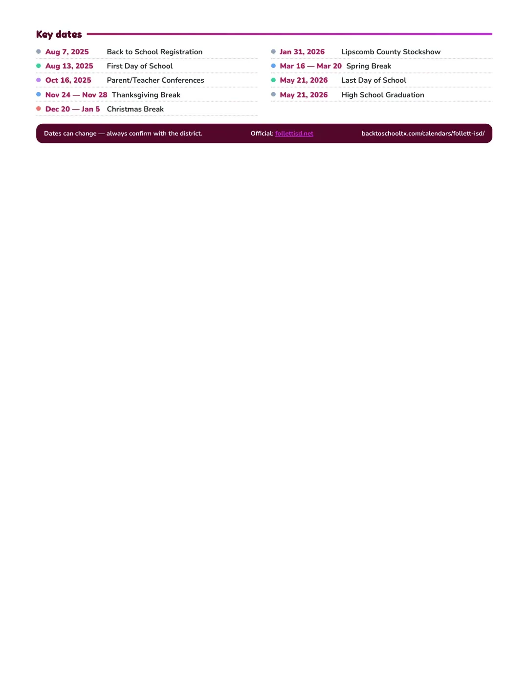 Follett ISD Calendar for the Year 26-27 — key dates