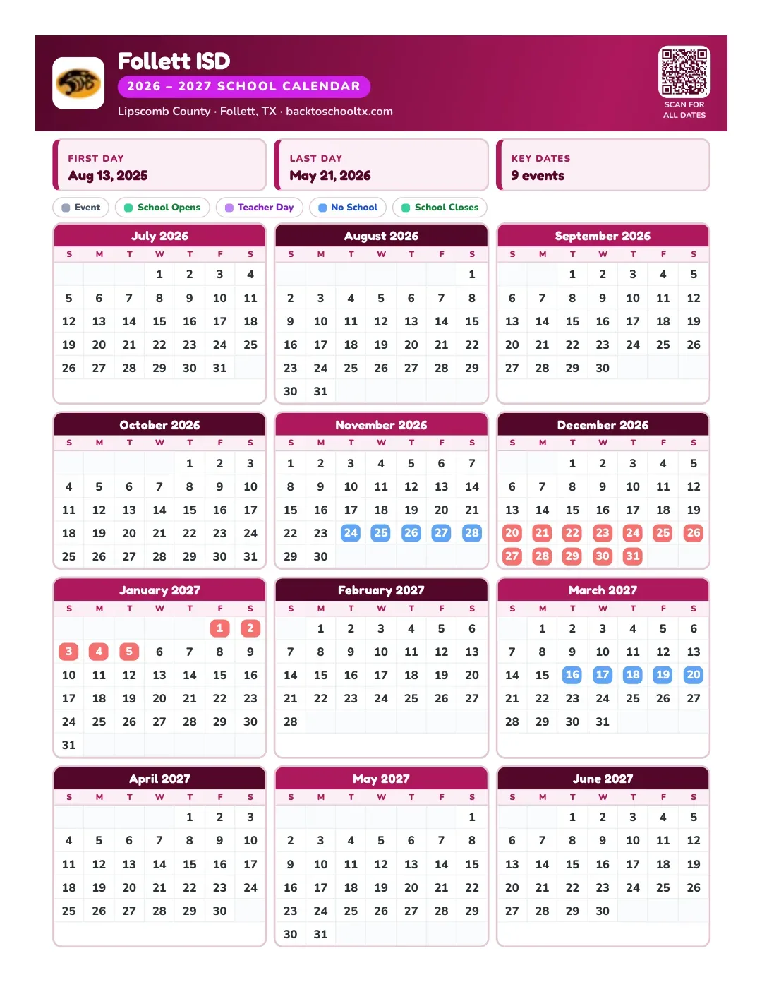 Follett ISD Calendar for the Year 26-27