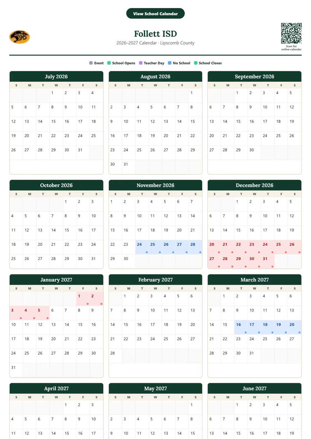 Follett ISD printable 2026–2027 calendar