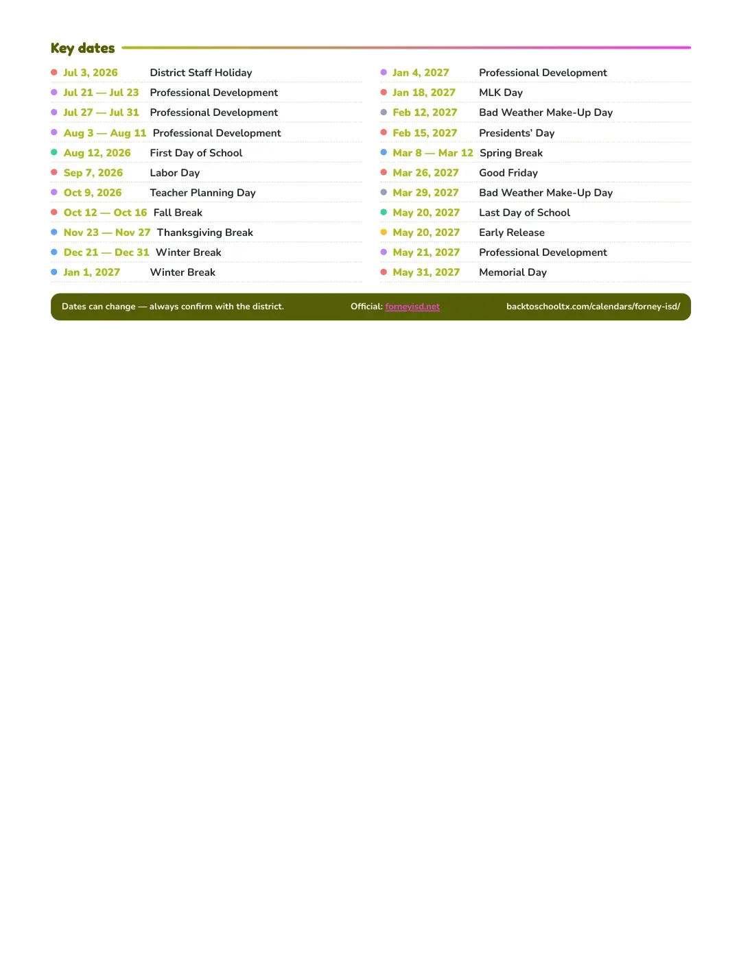 Forney ISD Calendar for the Year 26-27 — key dates