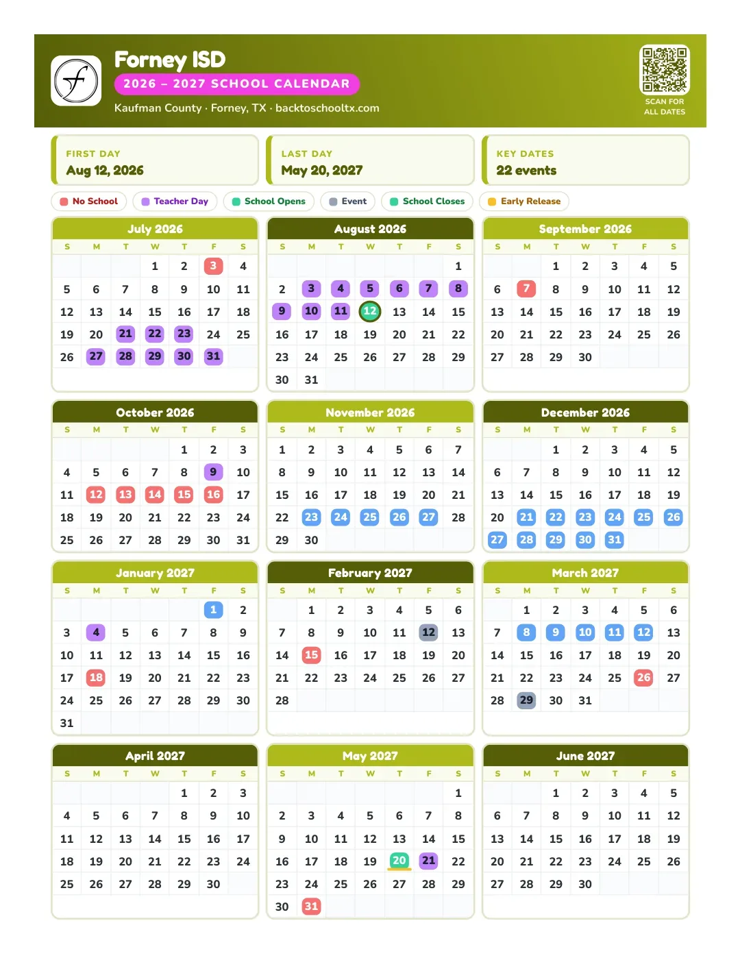 Forney ISD Calendar for the Year 26-27