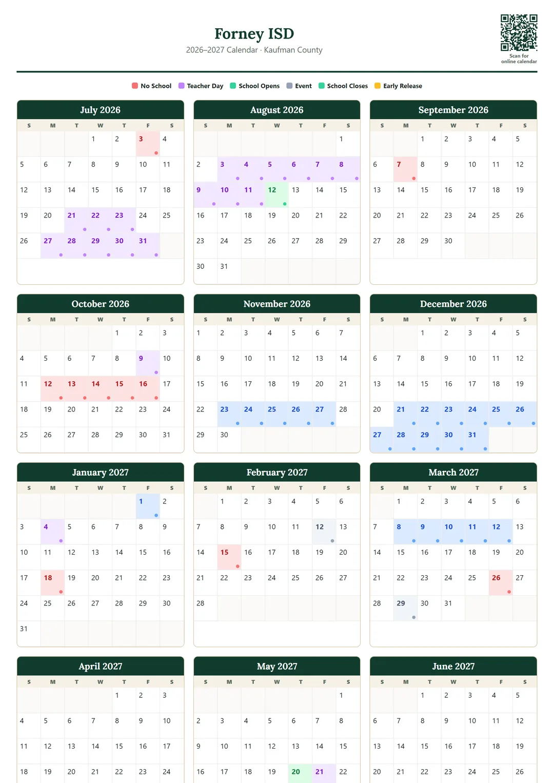 Forney ISD printable 2026–2027 calendar