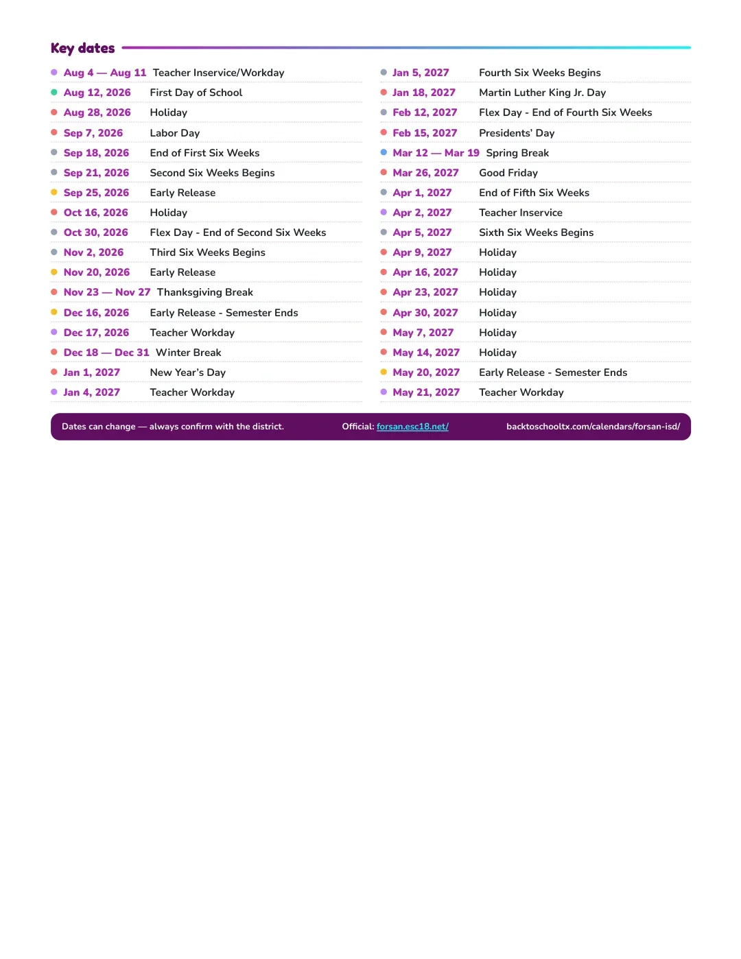 Forsan ISD Calendar for the Year 26-27 — key dates