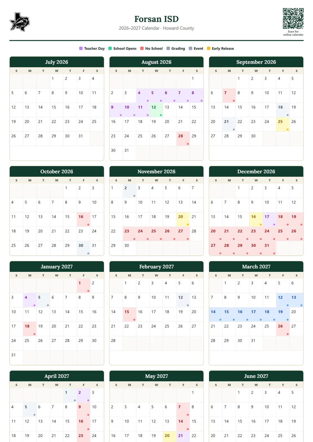 Forsan ISD printable 2026–2027 calendar
