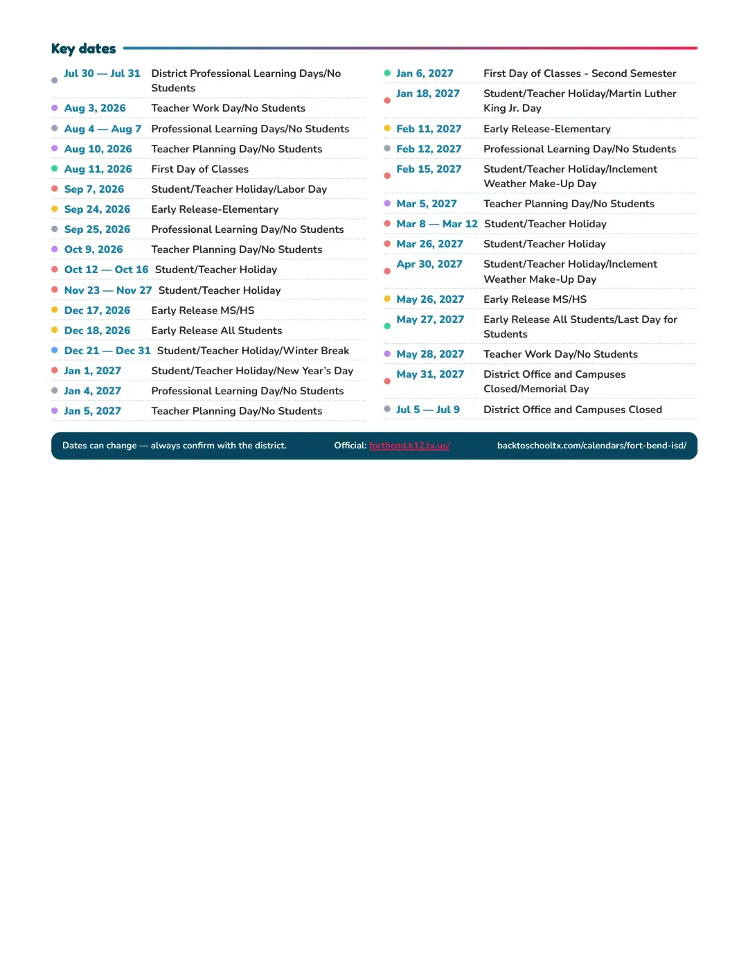Fort Bend ISD Calendar for the Year 26-27 — key dates