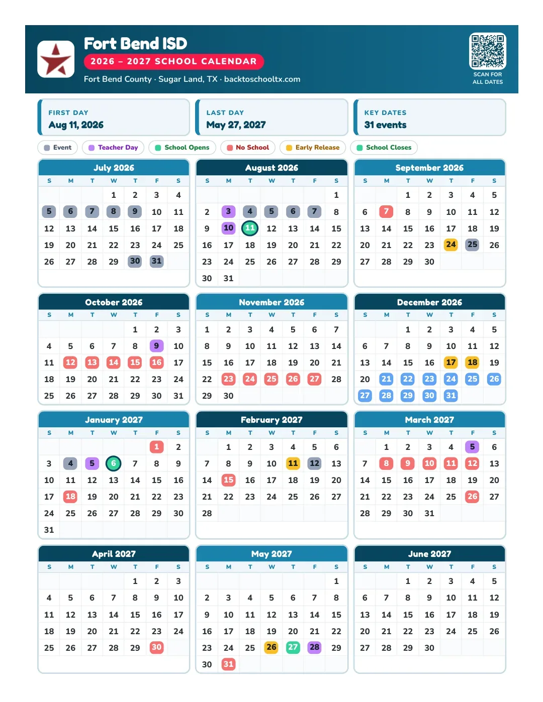 Fort Bend ISD Calendar for the Year 26-27
