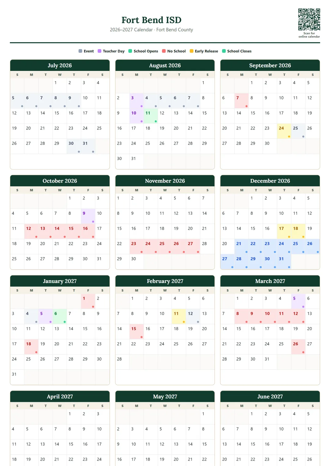 Fort Bend ISD printable 2026–2027 calendar