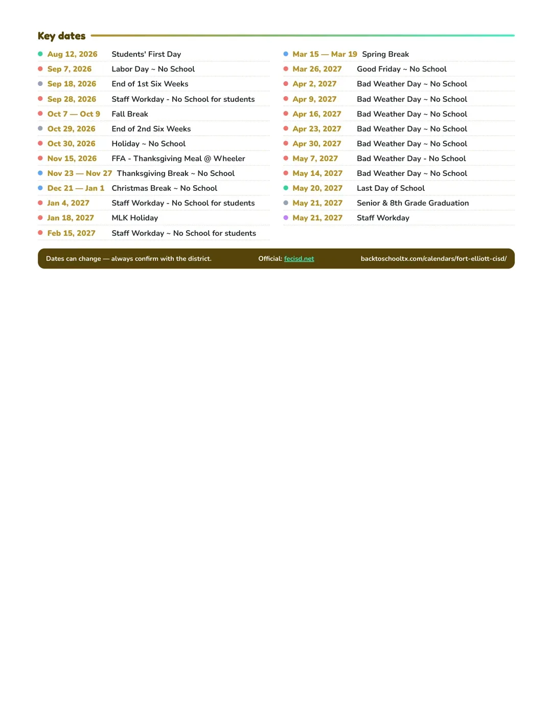 Fort Elliott CISD Calendar for the Year 26-27 — key dates