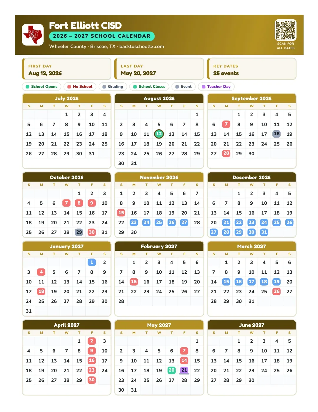 Fort Elliott CISD Calendar for the Year 26-27
