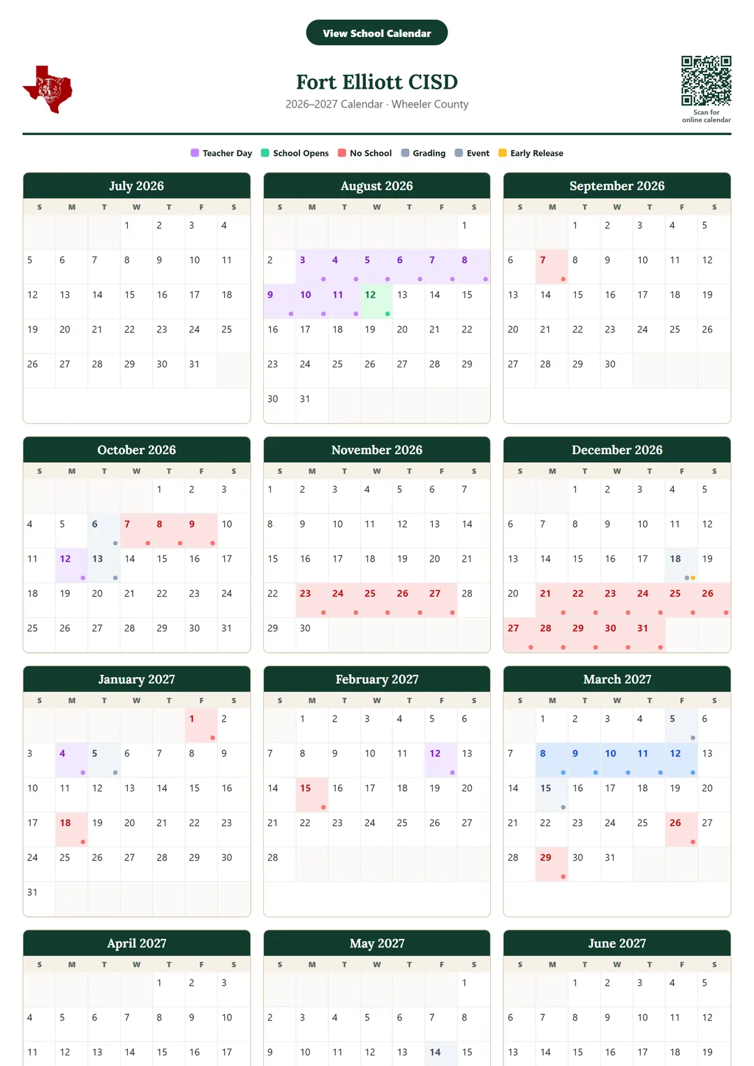 Fort Elliott CISD printable 2026–2027 calendar