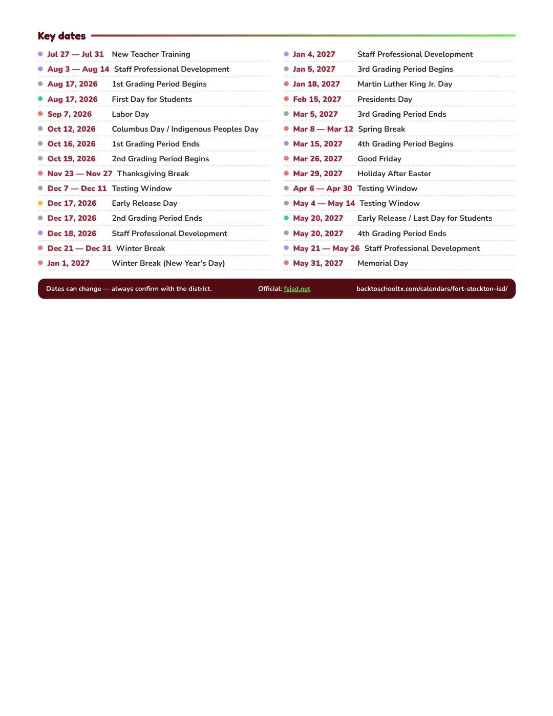 Fort Stockton ISD Calendar for the Year 26-27 — key dates