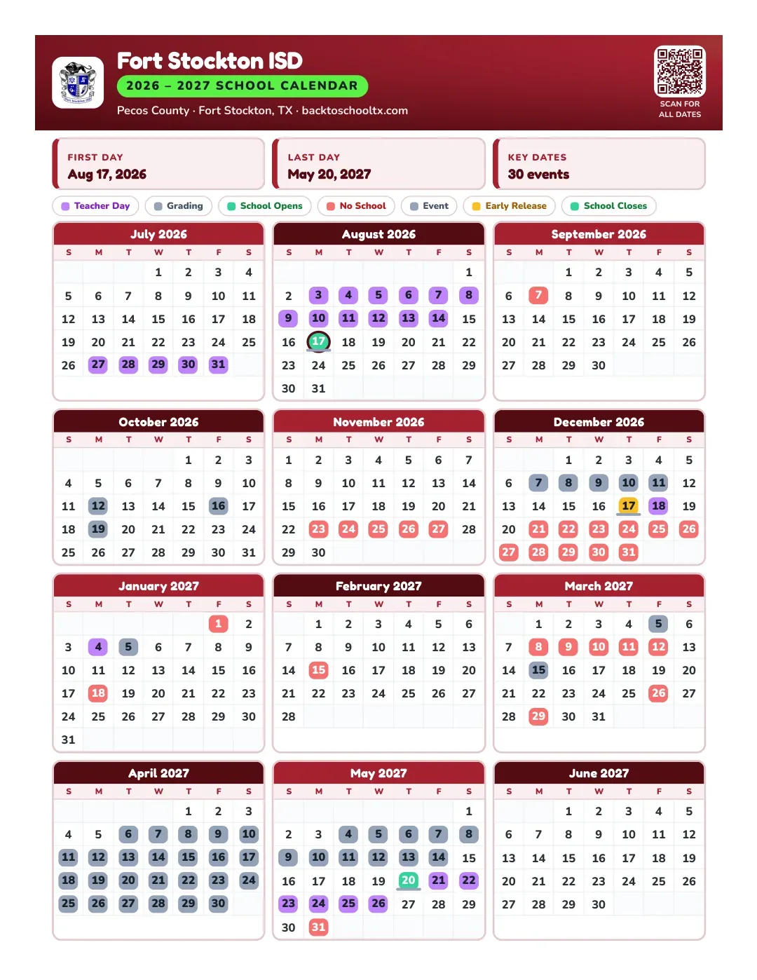 Fort Stockton ISD Calendar for the Year 26-27