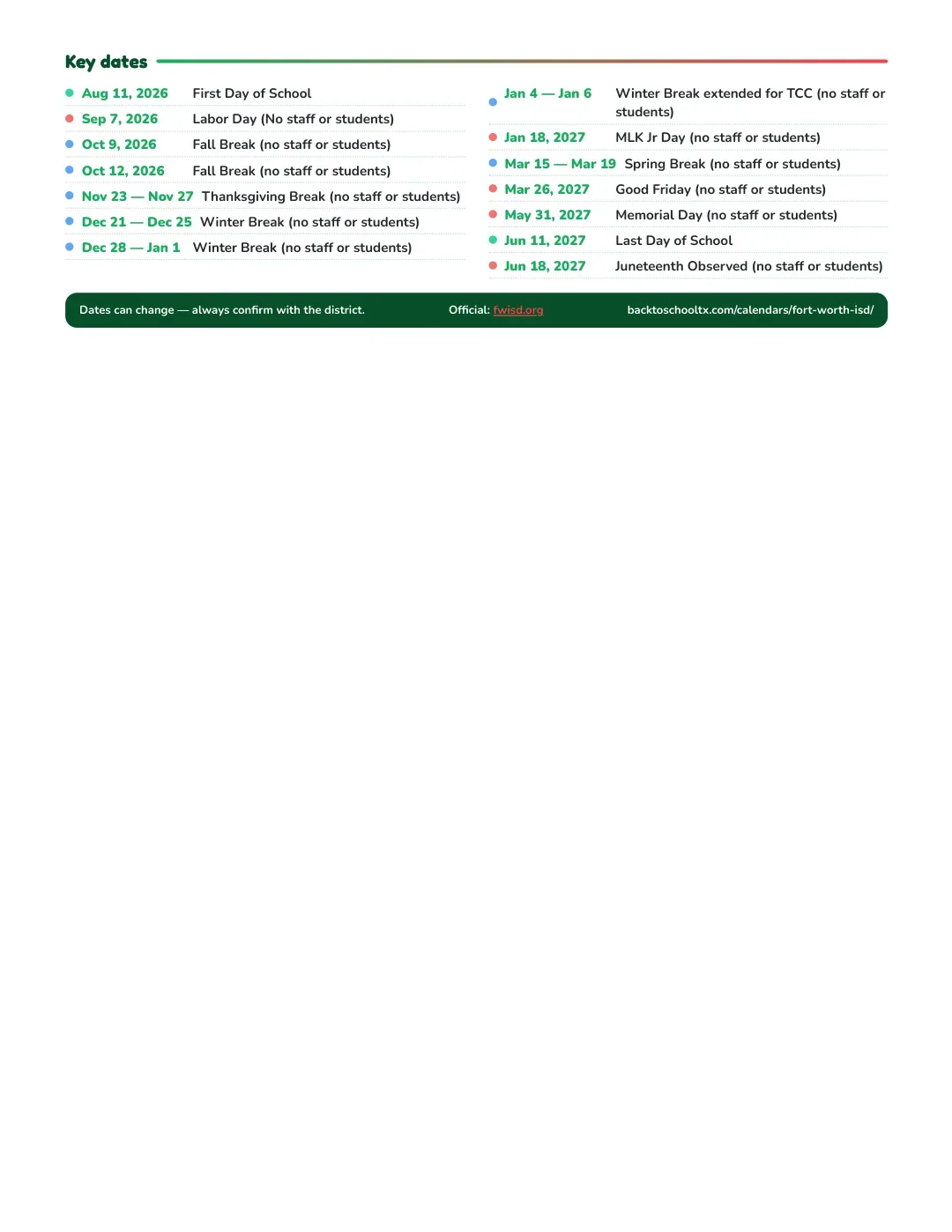 Fort Worth ISD Calendar for the Year 26-27 — key dates