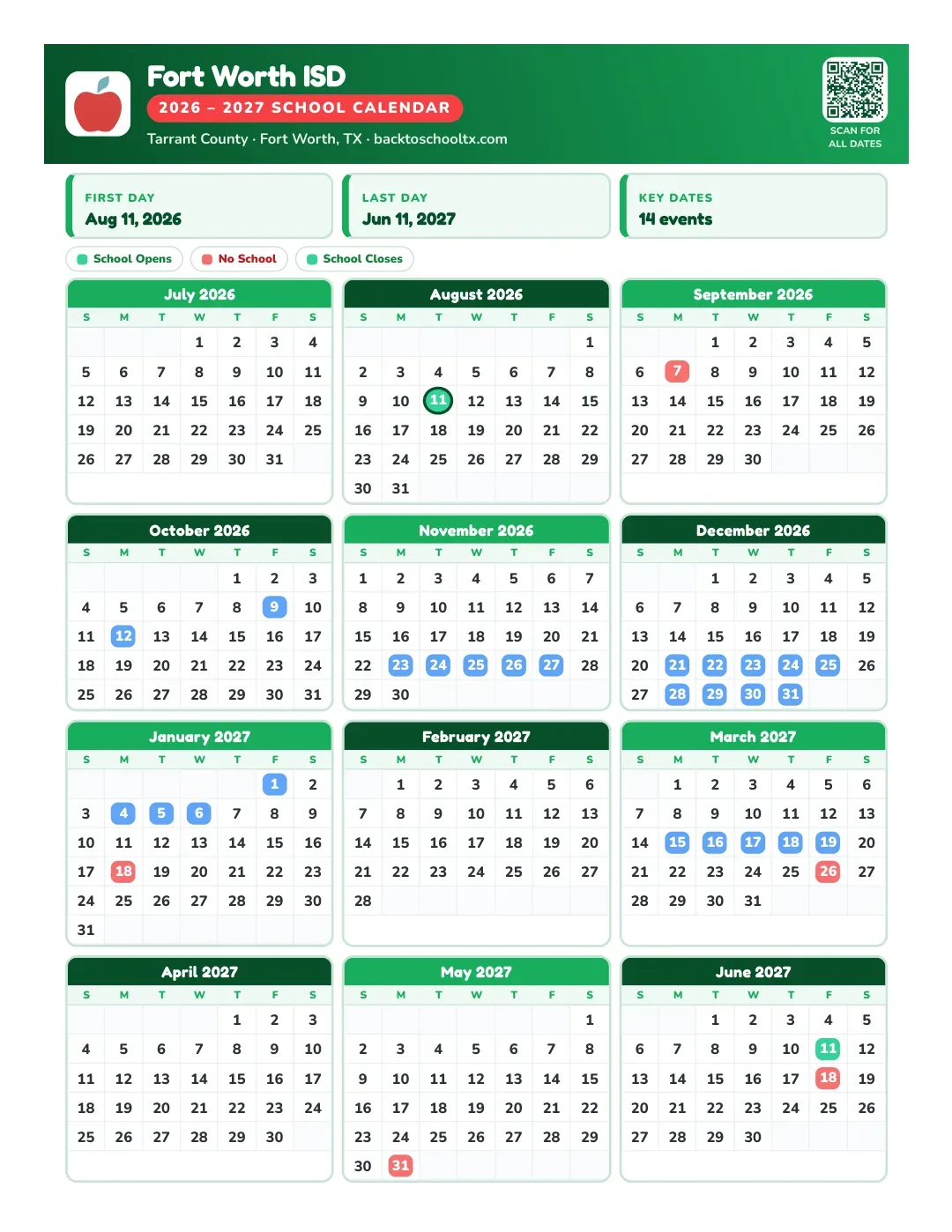 Fort Worth ISD Calendar for the Year 26-27