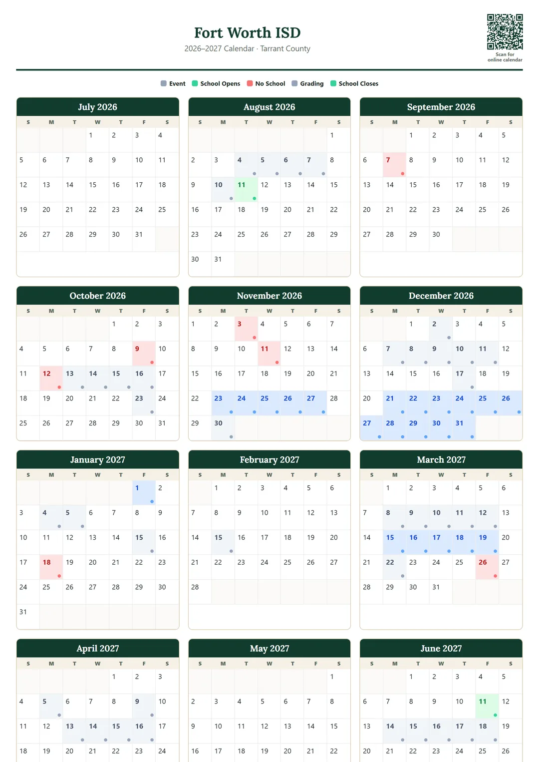 Fort Worth ISD printable 2026–2027 calendar