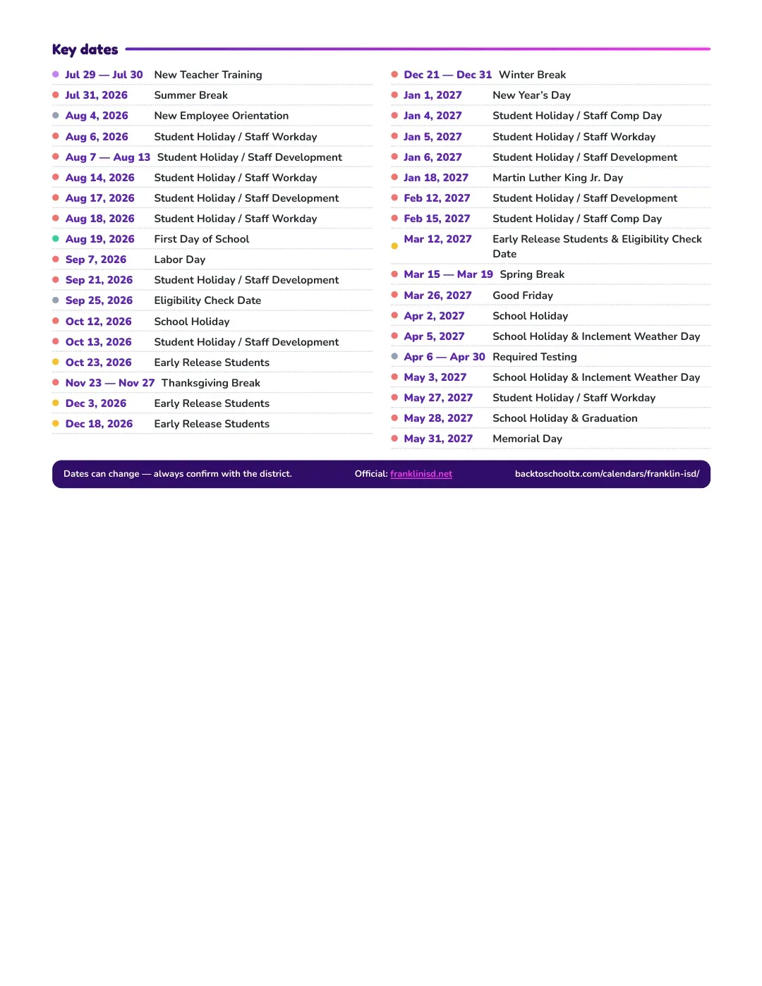 Franklin ISD Calendar for the Year 26-27 — key dates