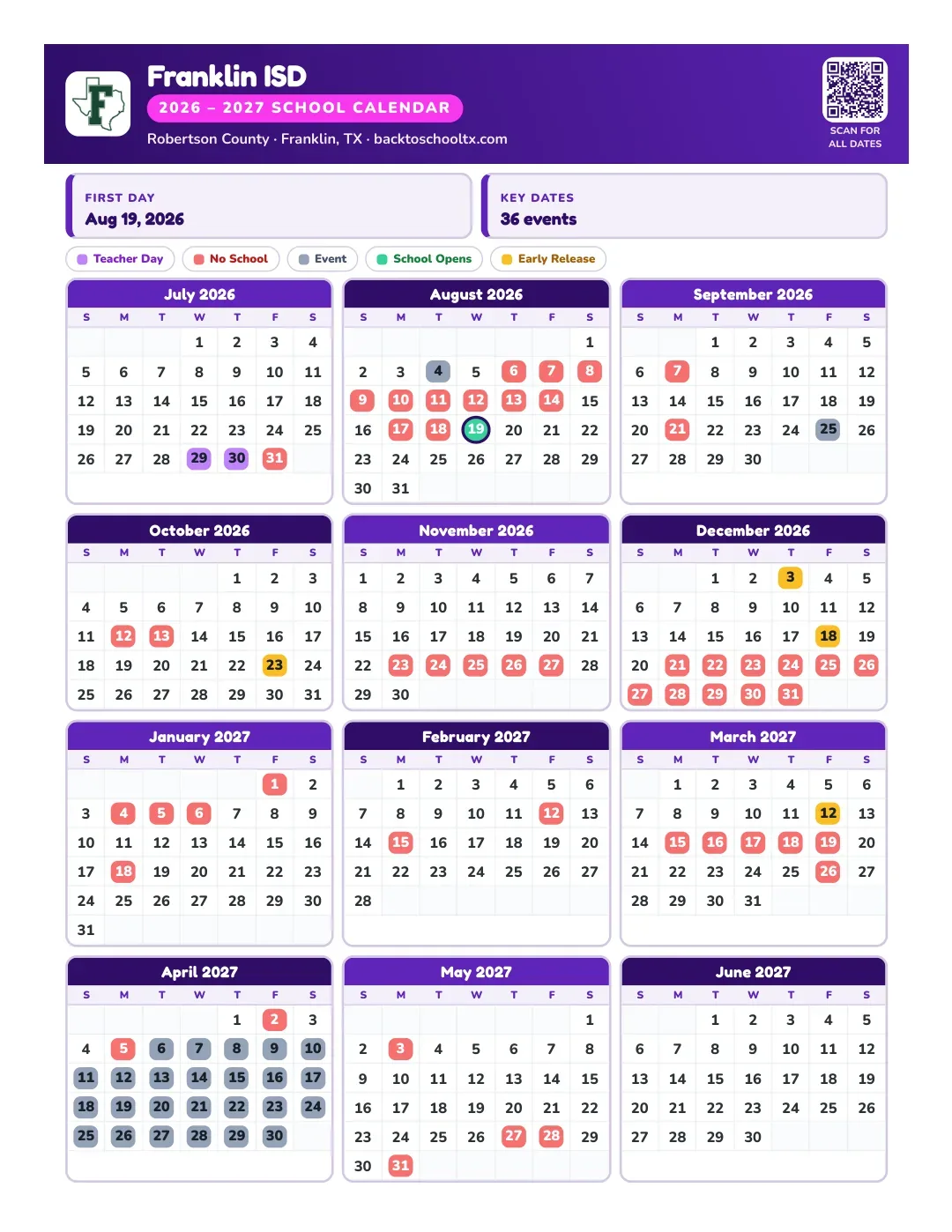 Franklin ISD Calendar for the Year 26-27