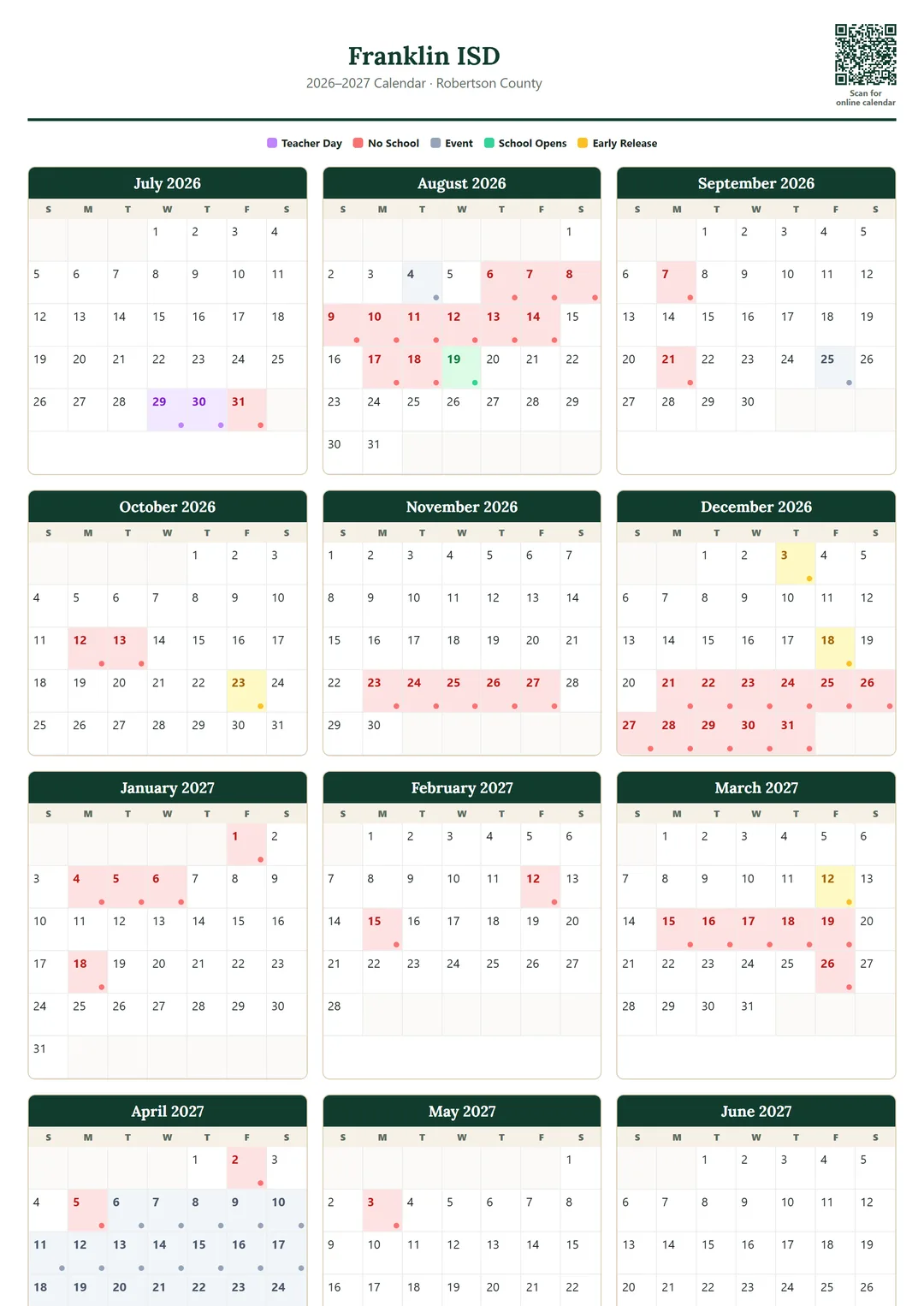 Franklin ISD printable 2026–2027 calendar