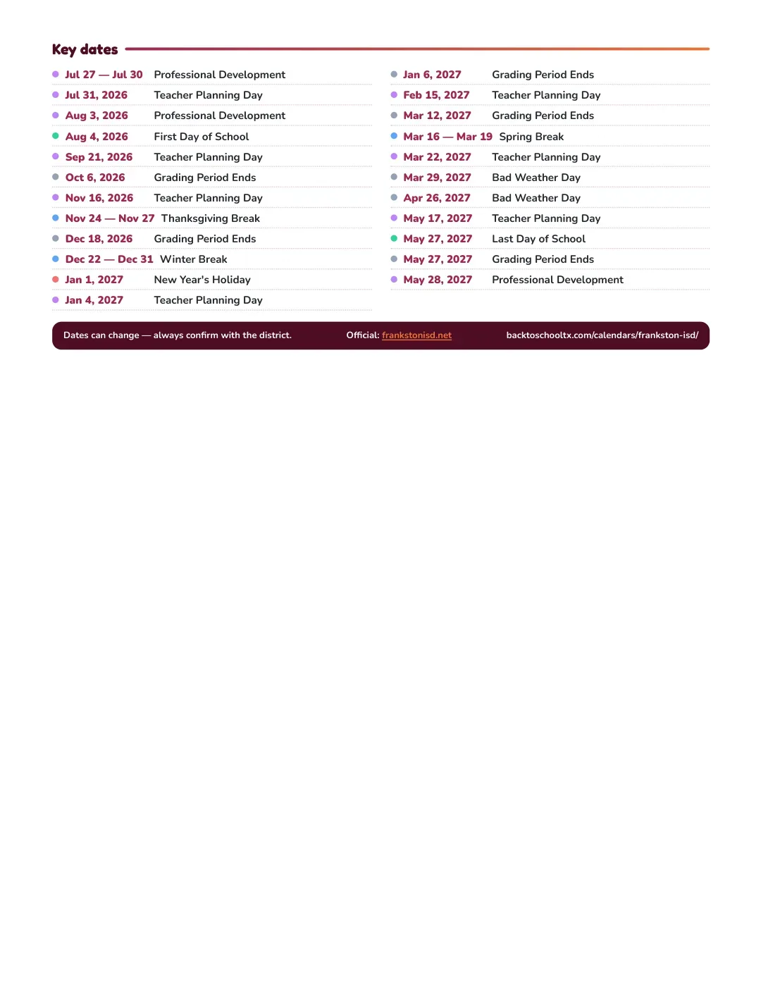 Frankston ISD Calendar for the Year 26-27 — key dates