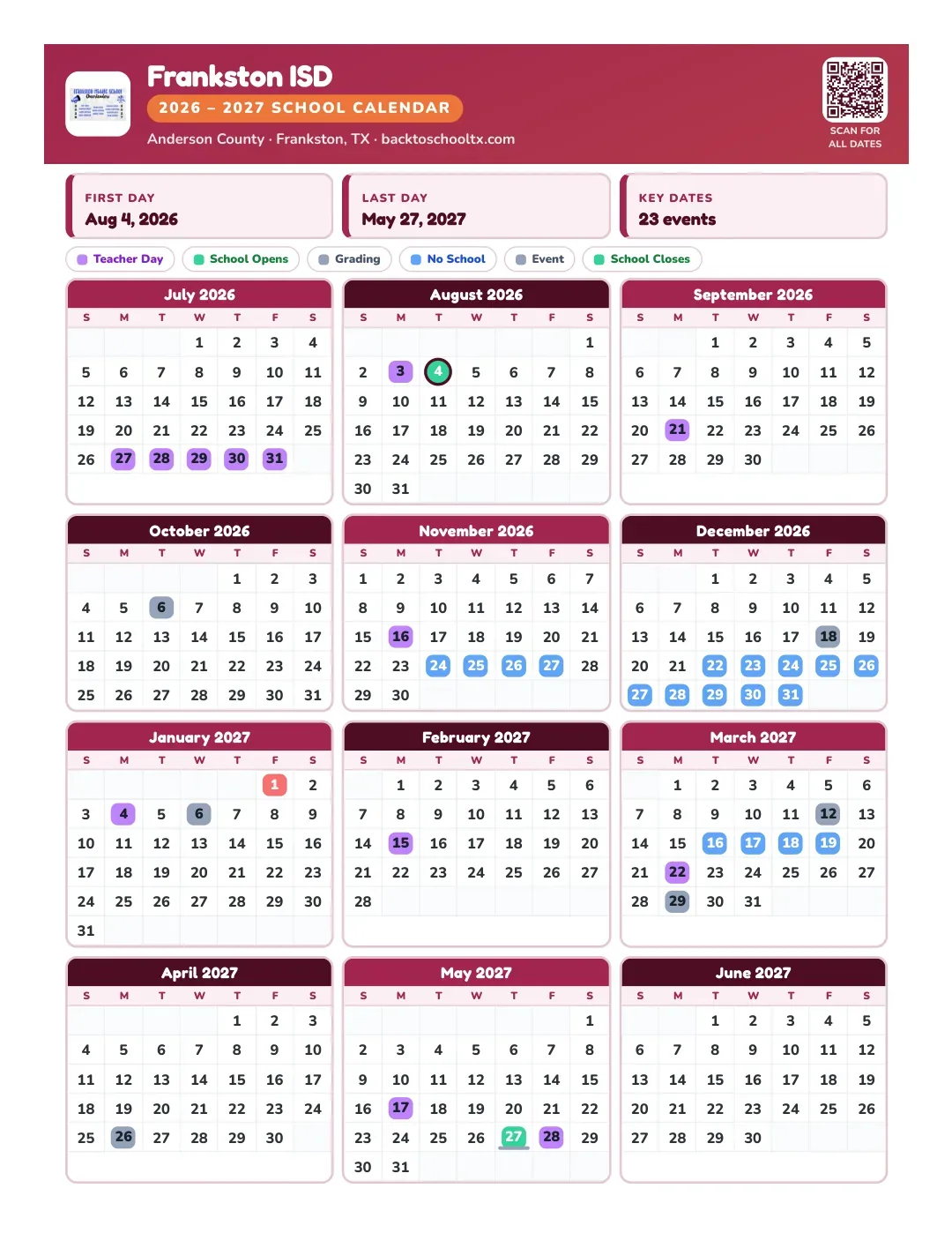Frankston ISD Calendar for the Year 26-27