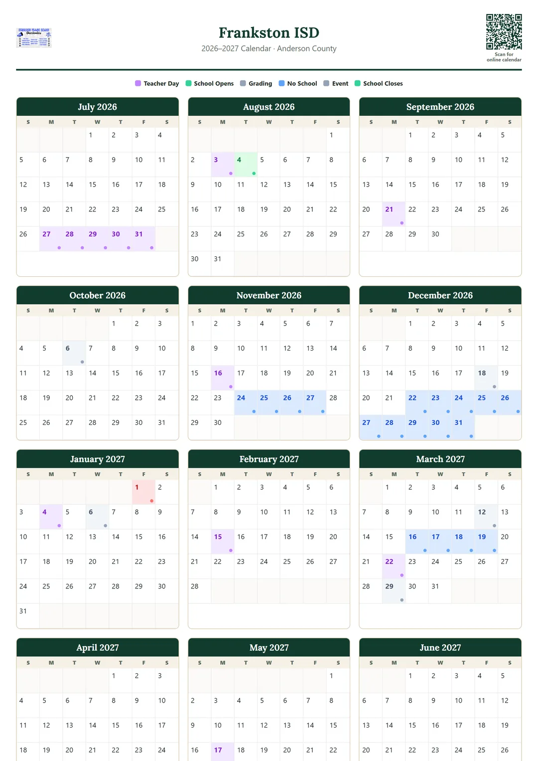 Frankston ISD printable 2026–2027 calendar