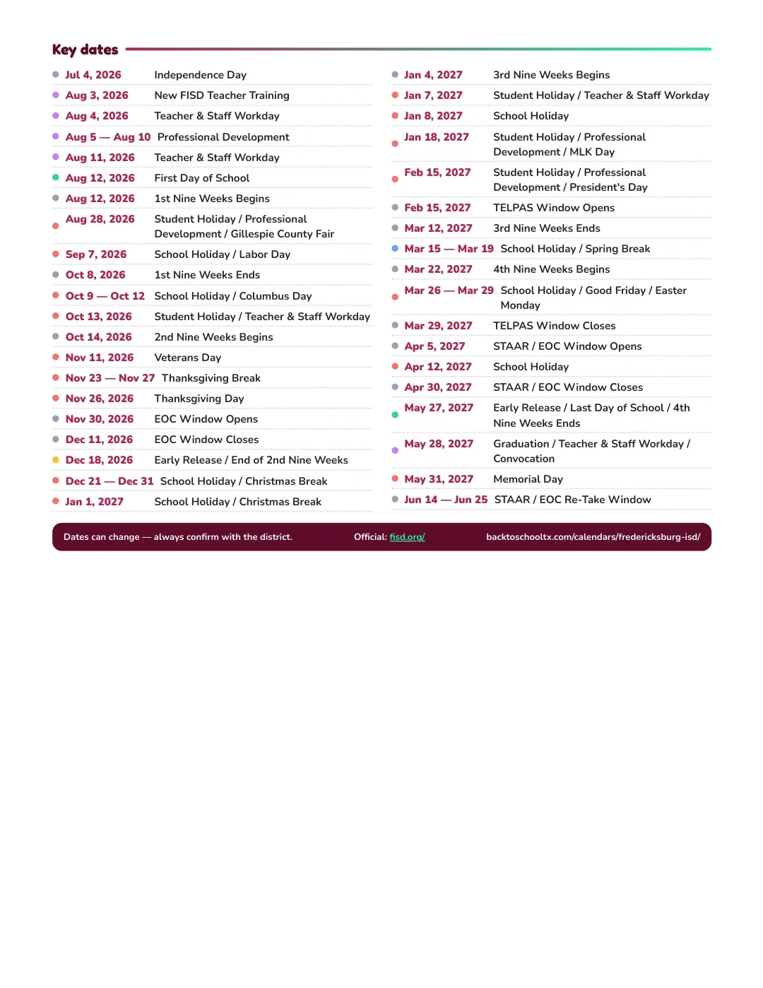 Fredericksburg ISD Calendar for the Year 26-27 — key dates