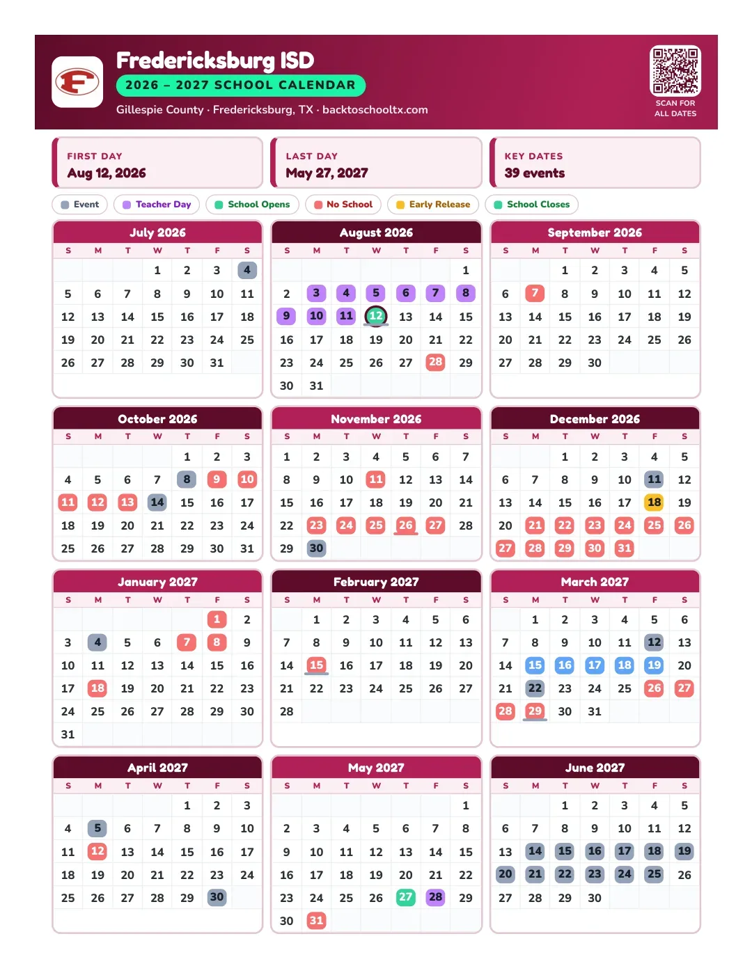 Fredericksburg ISD Calendar for the Year 26-27