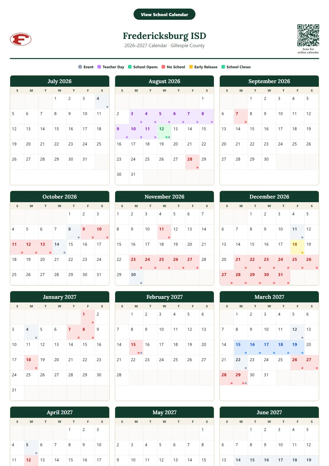 Fredericksburg ISD printable 2026–2027 calendar