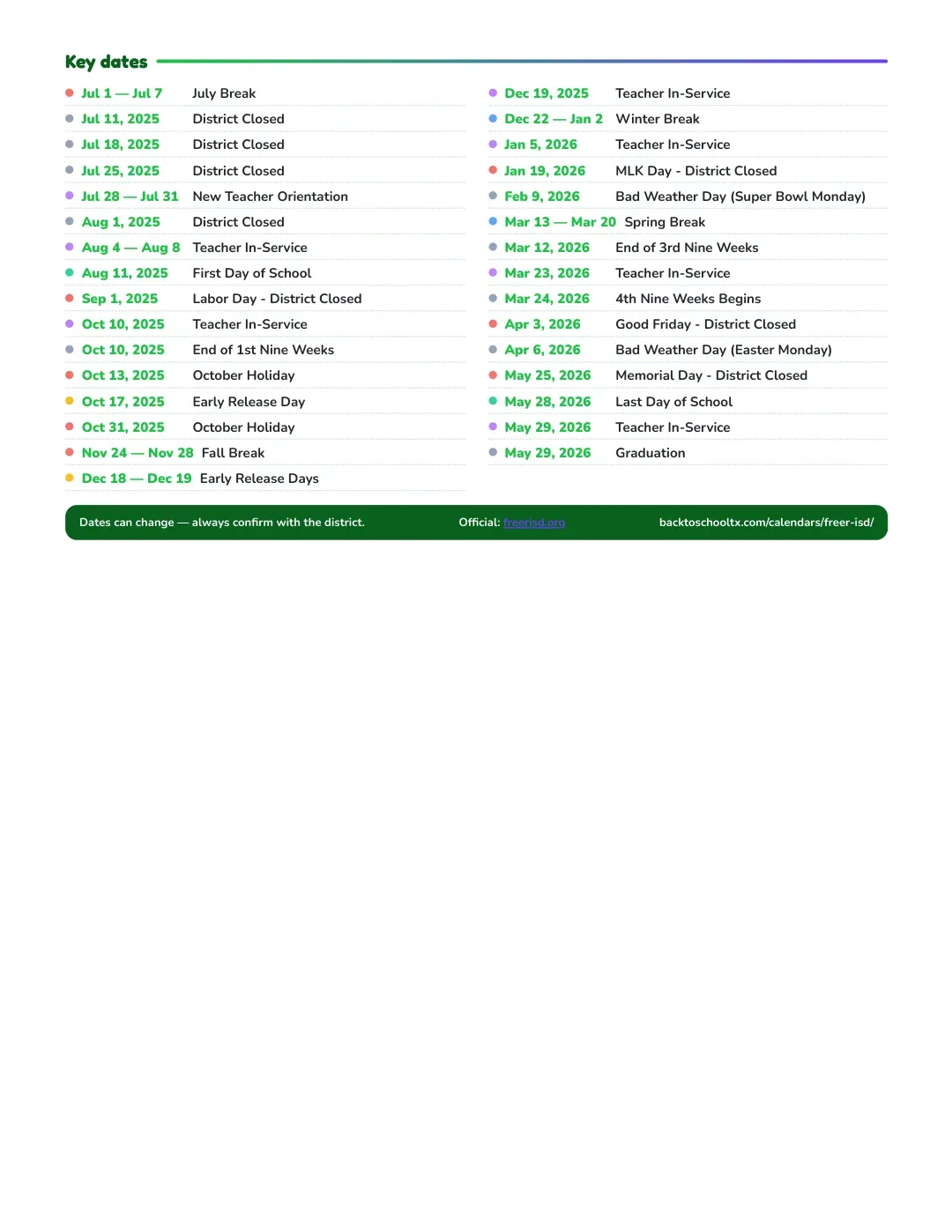 Freer ISD Calendar for the Year 26-27 — key dates