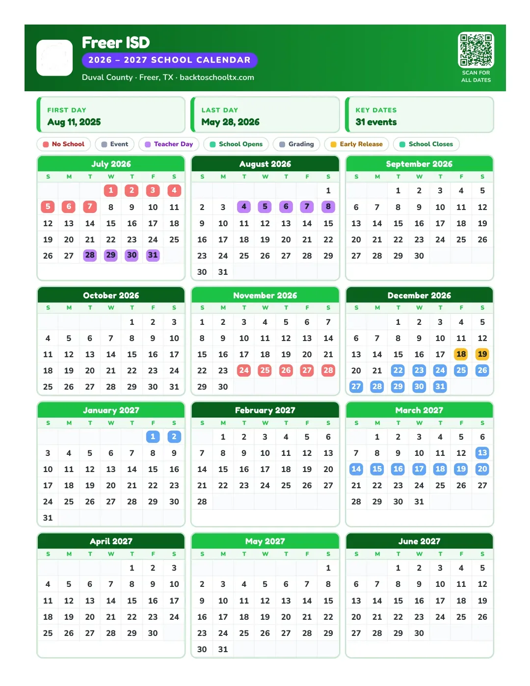 Freer ISD Calendar for the Year 26-27
