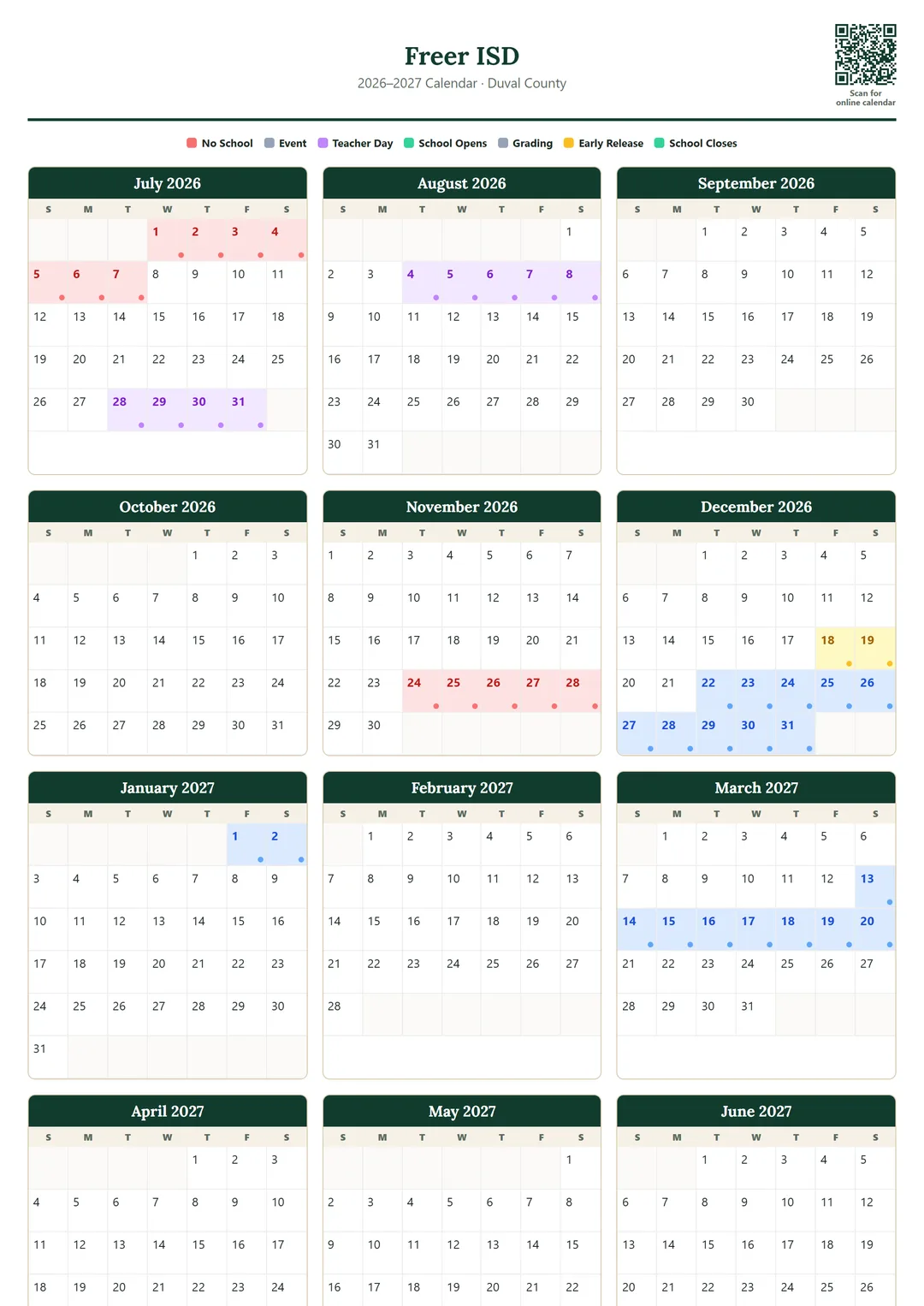 Freer ISD printable 2026–2027 calendar