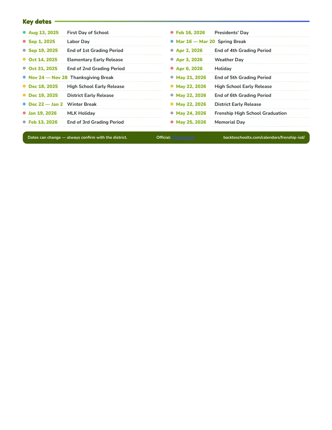 Frenship ISD Calendar for the Year 26-27 — key dates