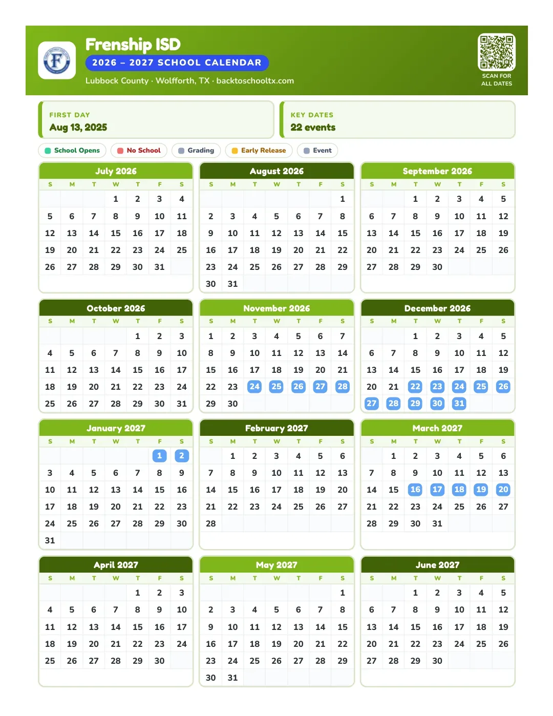 Frenship ISD Calendar for the Year 26-27