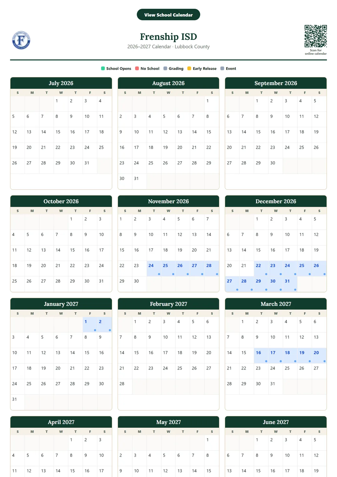 Frenship ISD printable 2026–2027 calendar