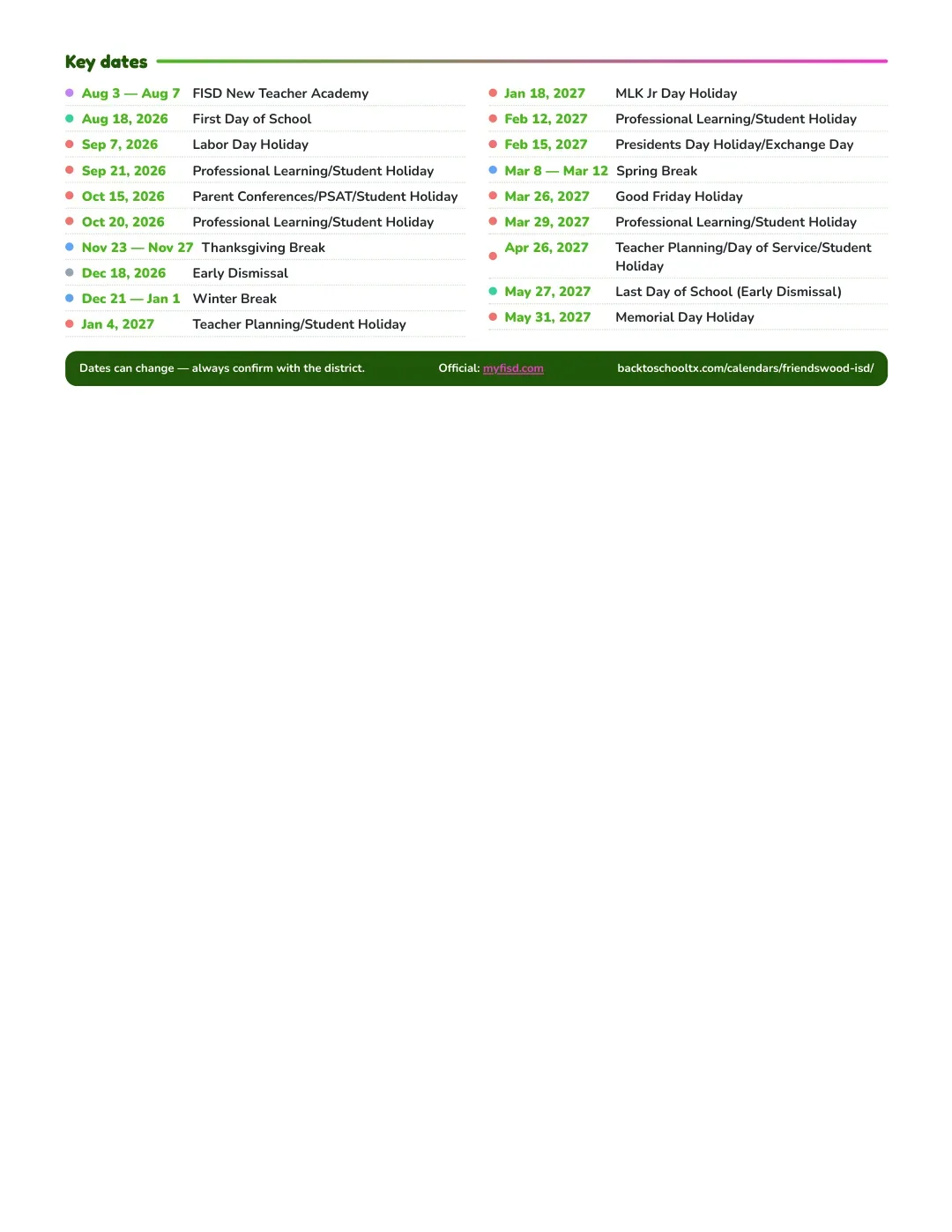Friendswood ISD Calendar for the Year 26-27 — key dates