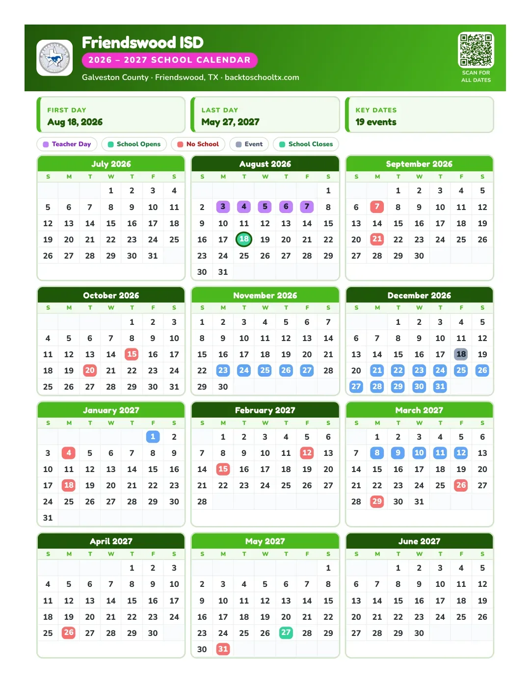 Friendswood ISD Calendar for the Year 26-27