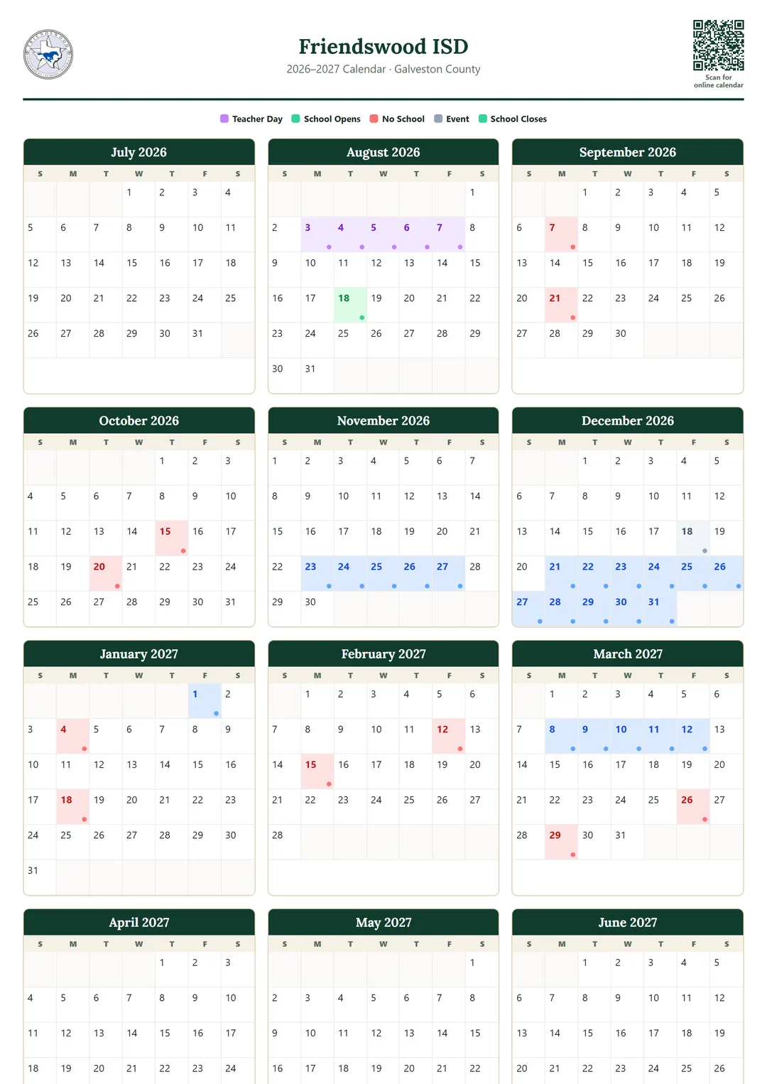 Friendswood ISD printable 2026–2027 calendar