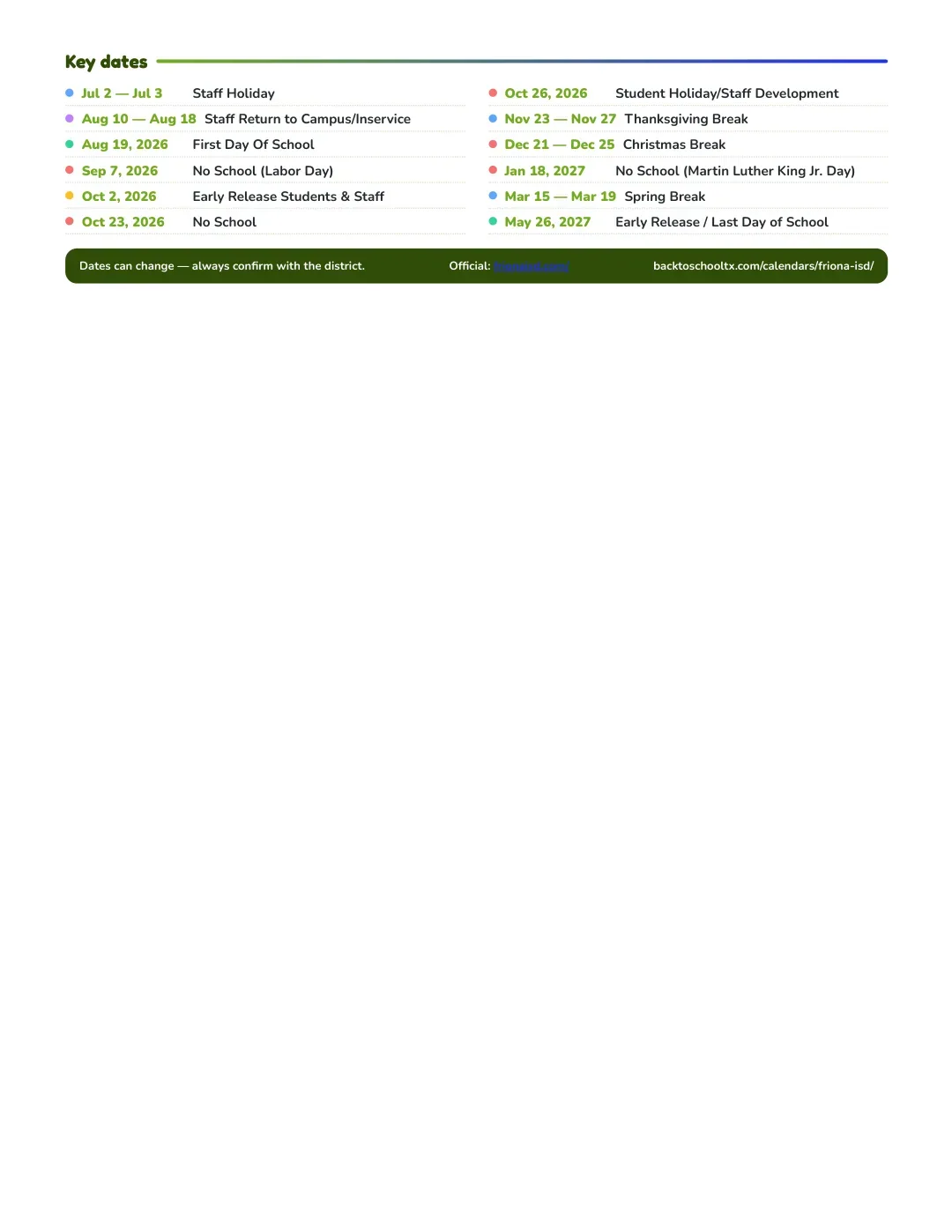 Friona ISD Calendar for the Year 26-27 — key dates