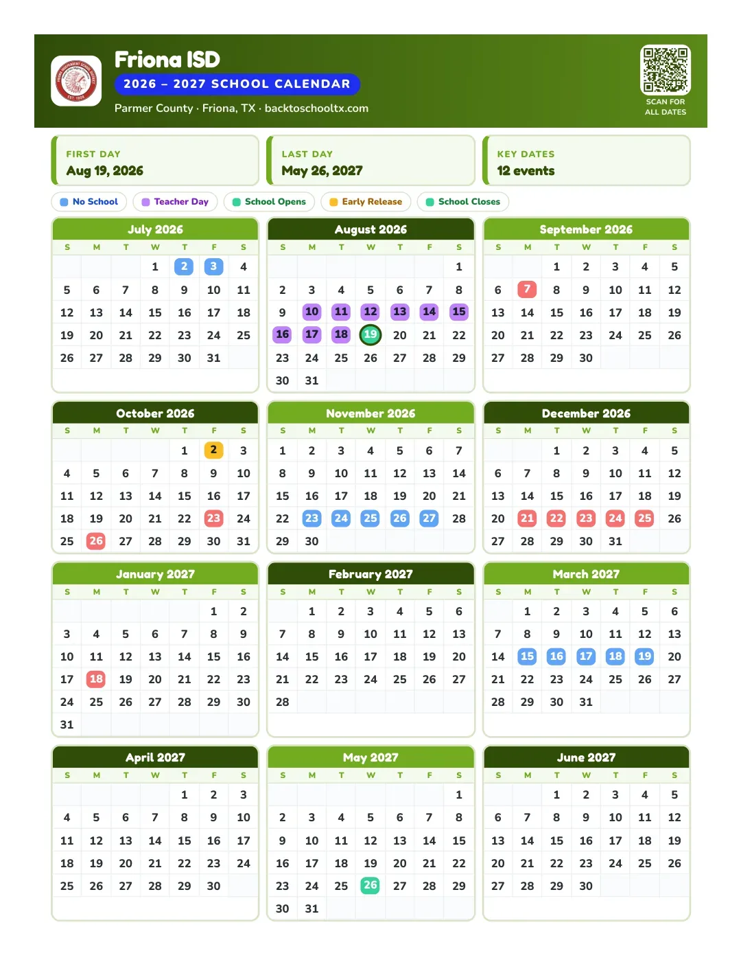 Friona ISD Calendar for the Year 26-27
