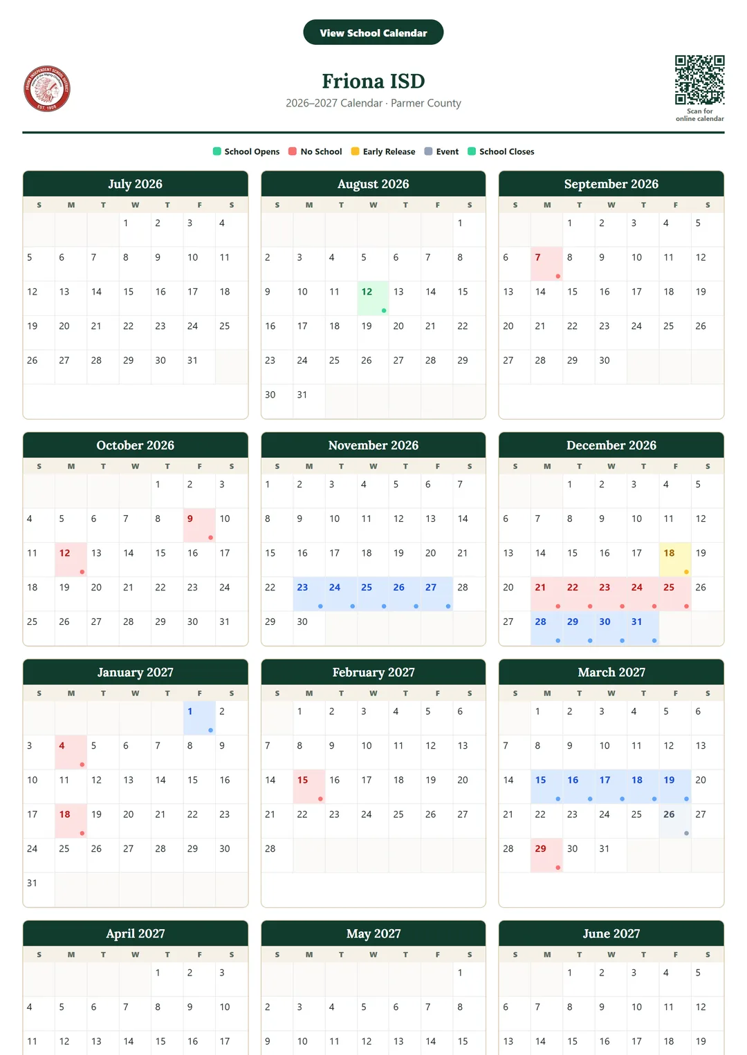 Friona ISD printable 2026–2027 calendar